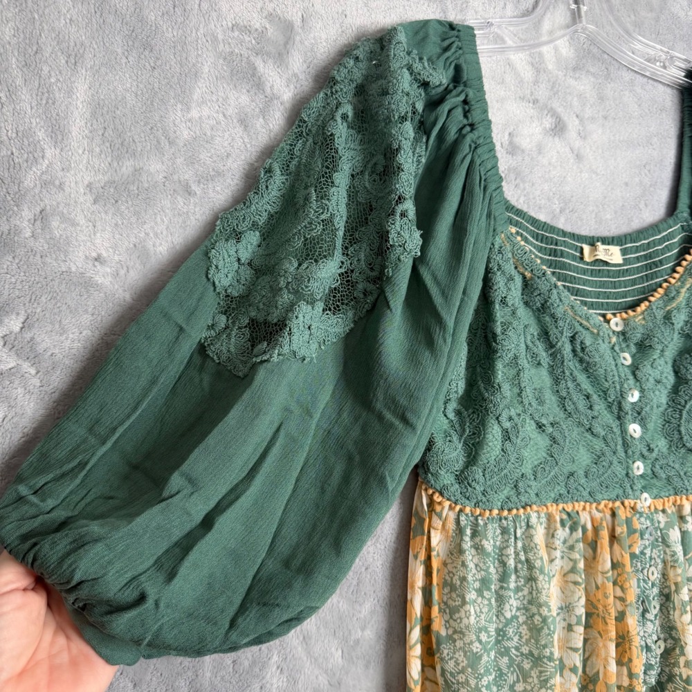 Miss Me Floral Top Womens S Green High Low Fairy Boho Duster Puff Sleeve - Picture 5 of 10
